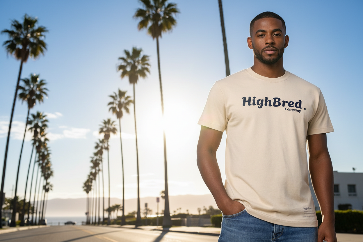 Black male model in HighBred shirt - West Coast landscape